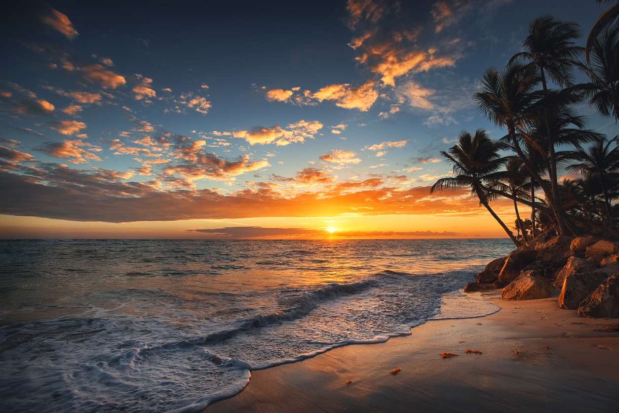 Sunrise on a Hawaiian island. Palm trees on sandy beach.