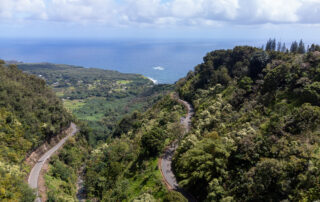 An aerial photo of the Road To Hana and the pacific ocean in Maui, Hawaii.