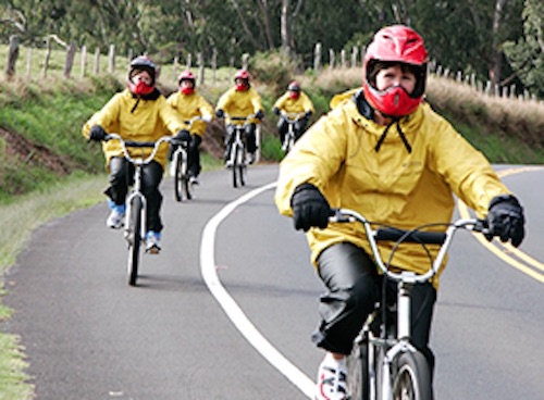 Cyclists wearing yellow rain jackets and red helmets riding on a road.