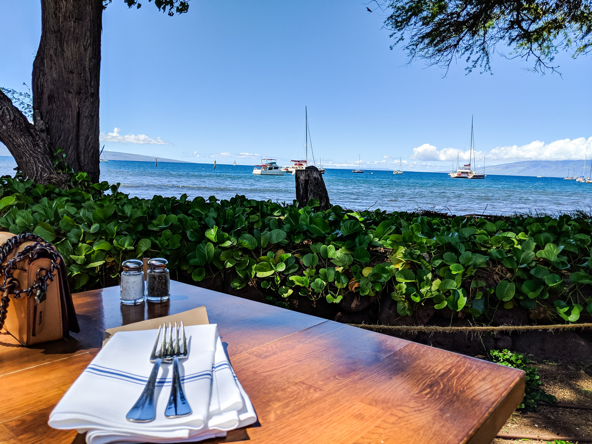 Ocean view from a table with cutlery, napkin, and greenery in foreground.